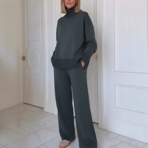 Ensemble de vêtements d'intérieur tricoté confortable pour femmes avec un sweat à col montant et un pantalon large Chic & Stil