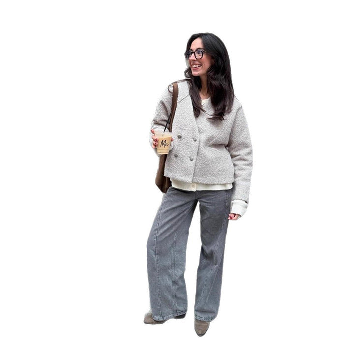 Women Short Teddy Jacket with Double Button Closure and V-Neck Amarae