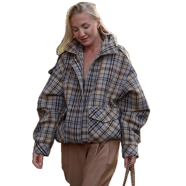 Women’s Oversized Check Coat in Boxy Cut with Zipper and Shoulder Flaps Amarae