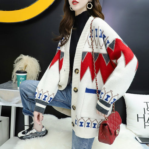 Knitted jacket for women with a colorful design and large buttons Amarae