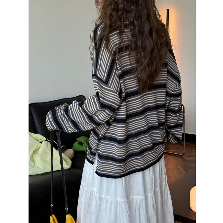 Women Striped Oversize Fine Knit Long Sleeve with Wide Round Neckline Amarae