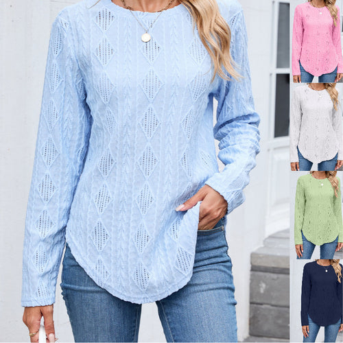 Long sleeve women's blouse with a textured design and a curved hem Amarae