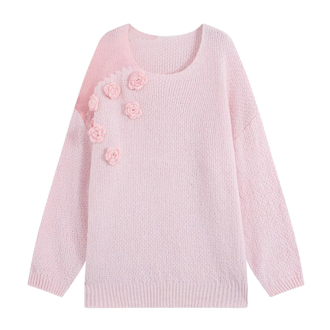 Women's knit set with cozy sweater featuring 3D flower appliqué and A-line skirt Amarae