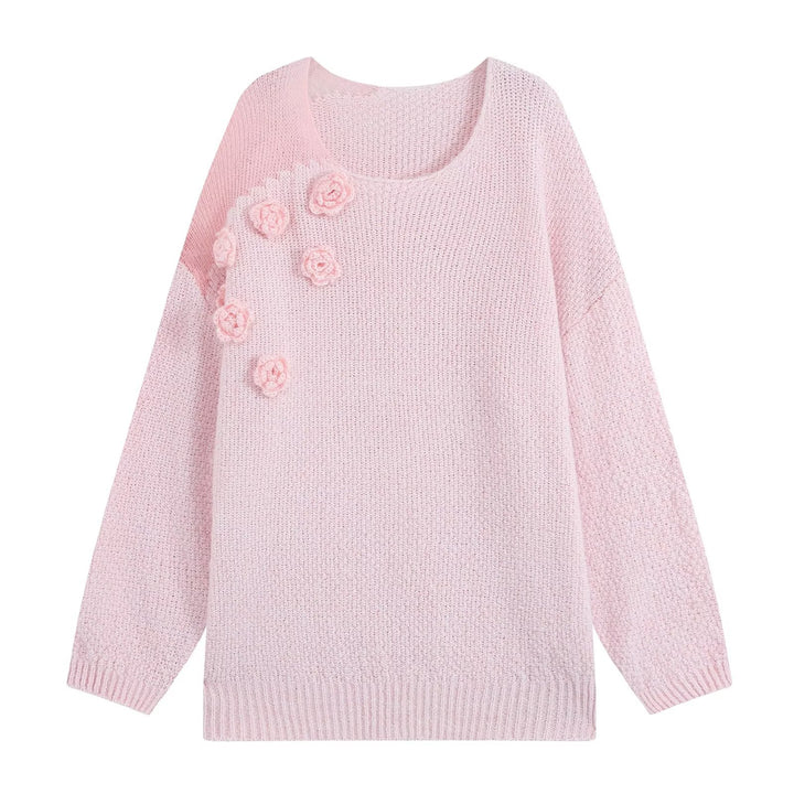 Women's knit set with cozy sweater featuring 3D flower appliqué and A-line skirt Amarae