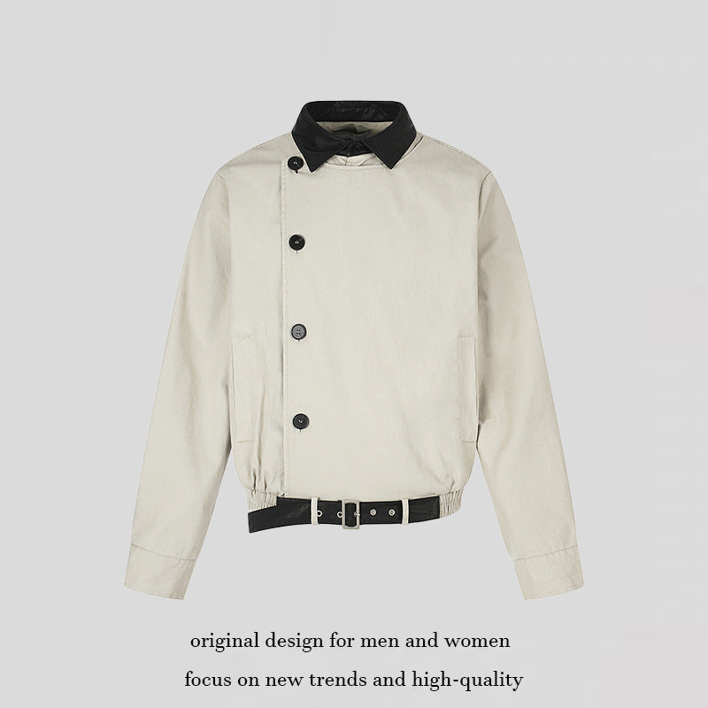 Men's Asymmetrical Canvas Bomber Jacket with Leather Straps and Stand Collar Amarae