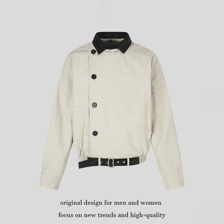 Men's Asymmetrical Canvas Bomber Jacket with Leather Straps and Stand Collar Amarae