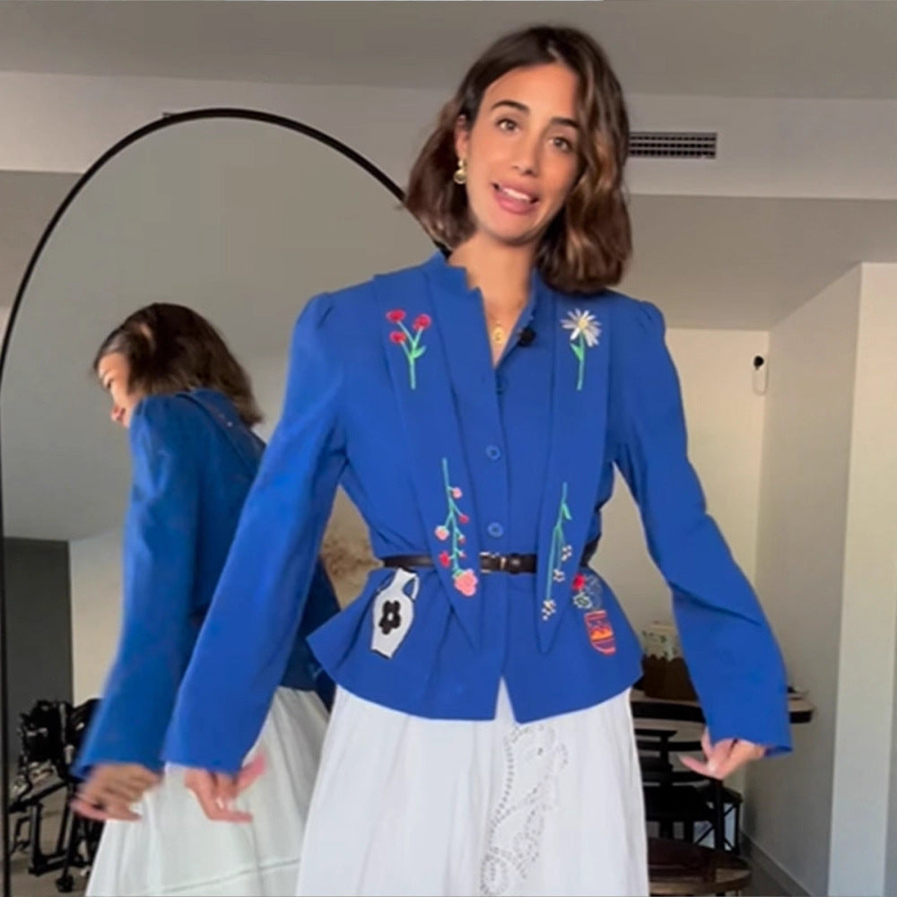 Women Embroidered Tailored Short Jacket with Peplum and Belt Amarae