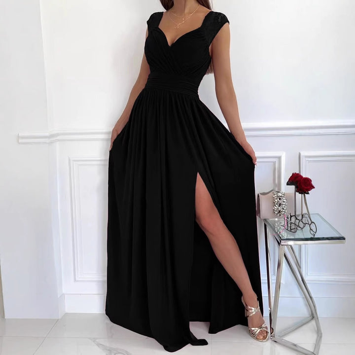 Elegant maxi dress for women with lace sleeves and a side slit Lune London