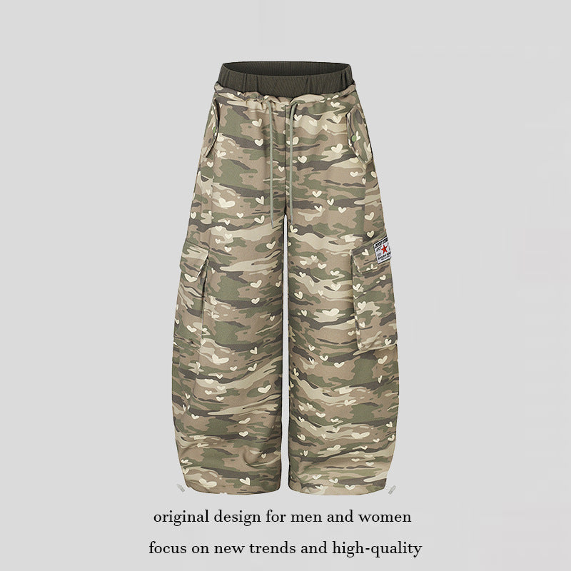 Women's Wide Cargo Pants with Heart Camouflage, Drawstring Waistband and Generous Pockets Amarae