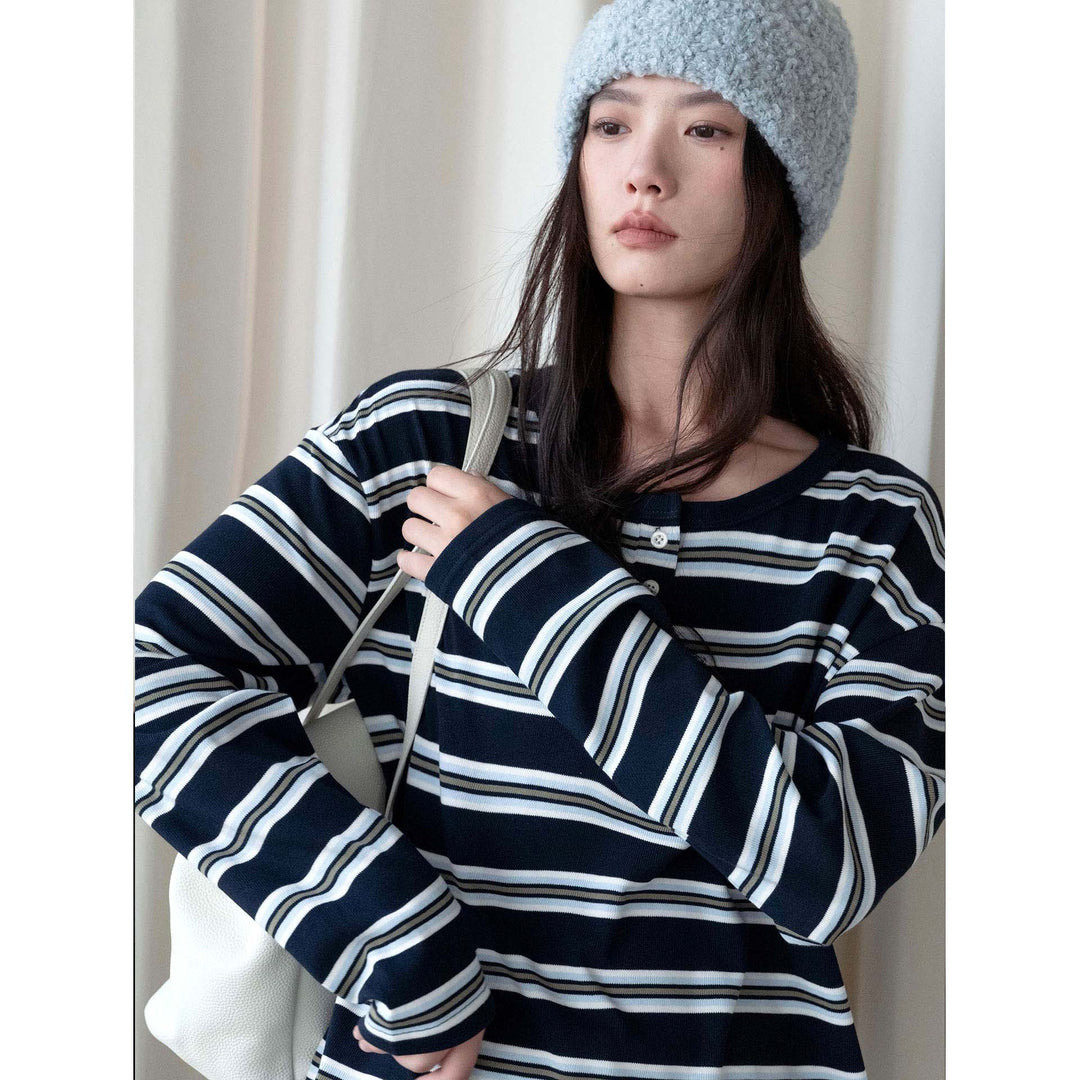 Women Striped Oversized Long Sleeve Shirt with Henley Button Placket Amarae