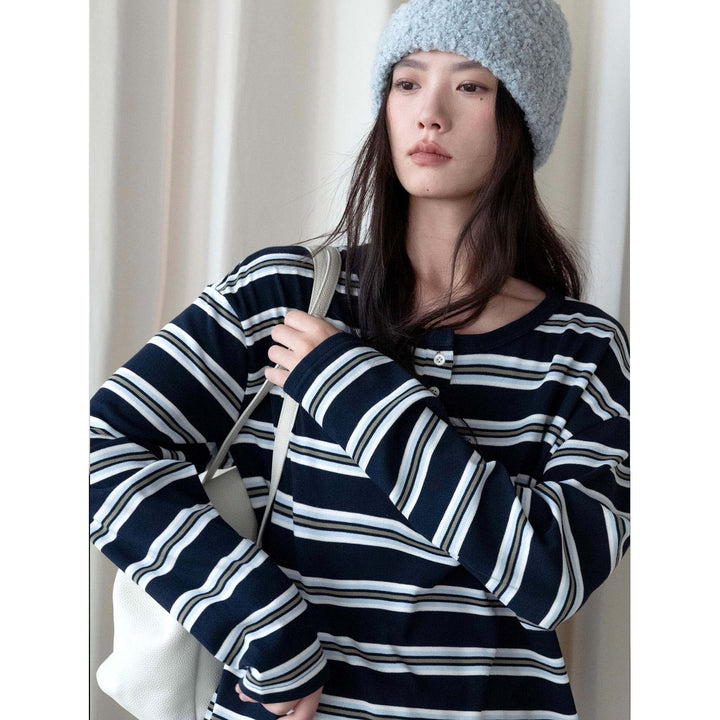 Women Striped Oversized Long Sleeve Shirt with Henley Button Placket Amarae