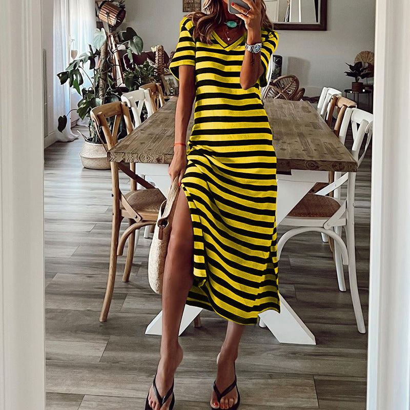 Maxi dress for women with a deep side slit and a trendy striped pattern Lune London
