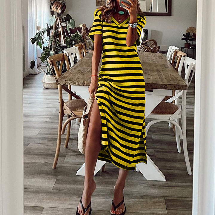 Maxi dress for women with a deep side slit and a trendy striped pattern Lune London