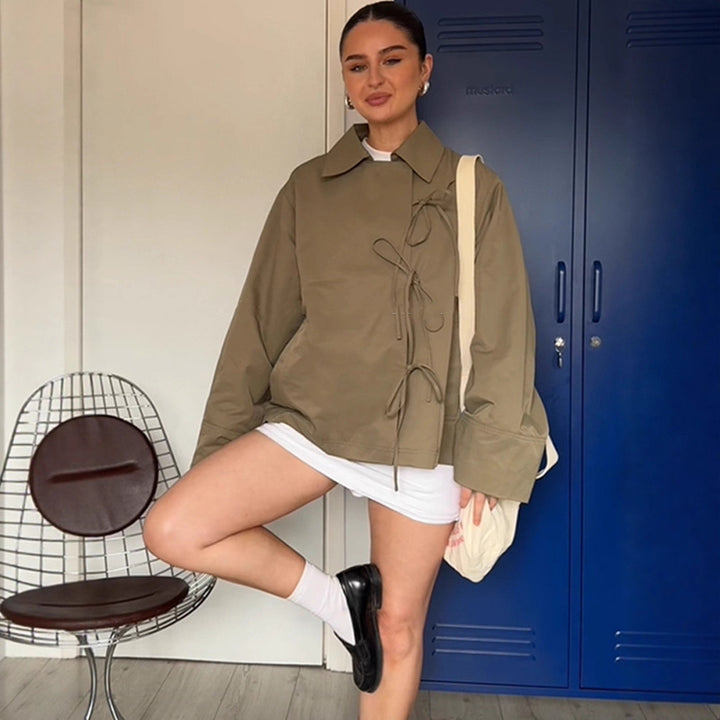 Women's Oversized Shirt Jacket with Decorative Knot Closures and Shirt Collar Amarae