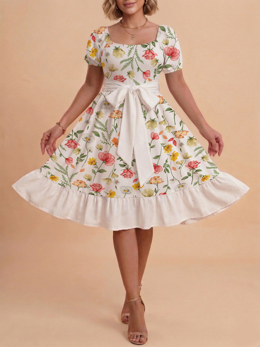 Women's floral dress with adjustable belt and voluminous sleeves Lune London