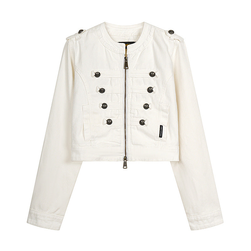 Women's Cropped Denim Jacket in Military Style with Decorative Button Strips Amarae