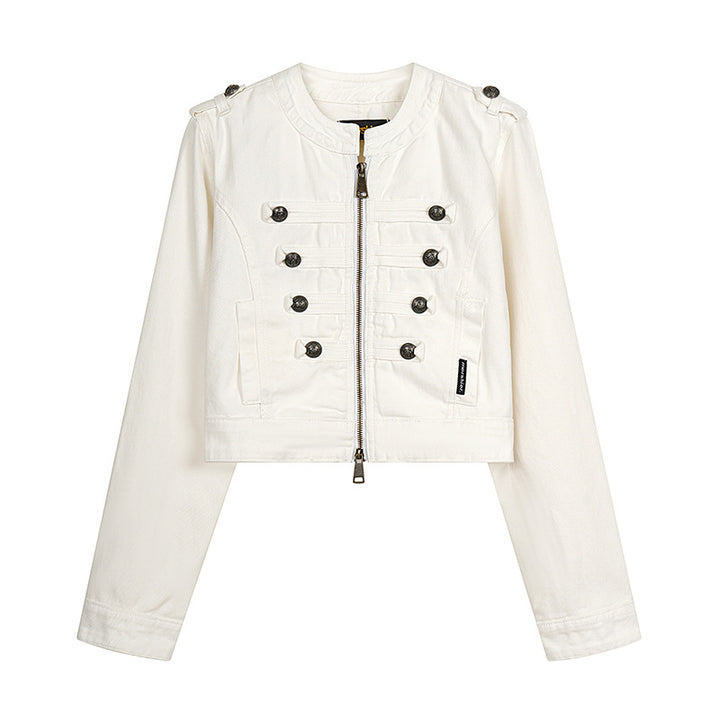 Women's Cropped Denim Jacket in Military Style with Decorative Button Strips Amarae