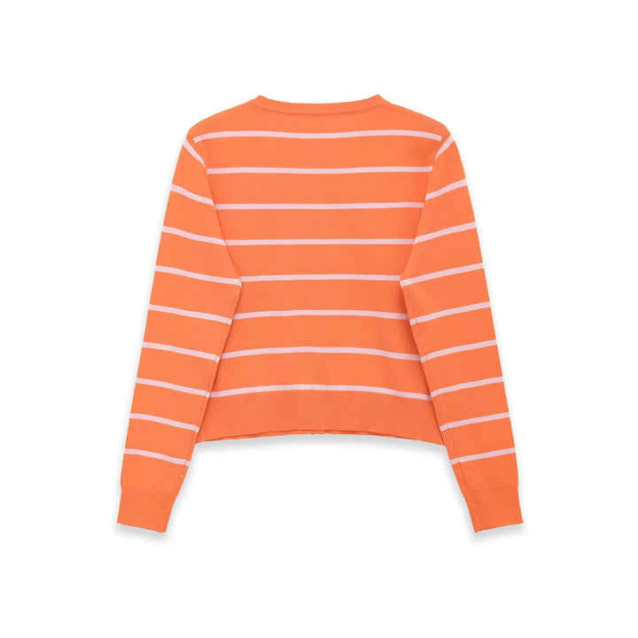 Women's Short-Cut Fine Knit Cardigan with Horizontal Stripes and Mother-of-Pearl Buttons Amarae