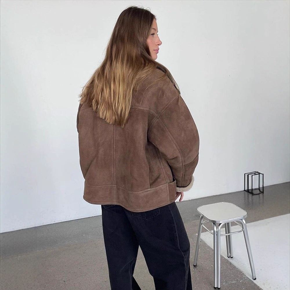 Women Oversize Shearling-Faux Flight Jacket with Contrasting Trim & Buckle Details Amarae