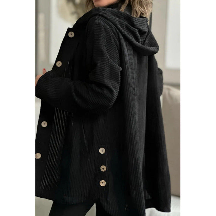 Amarae | Jacket with Hood - Cord - Loose Fit - Medium Length - Button Details