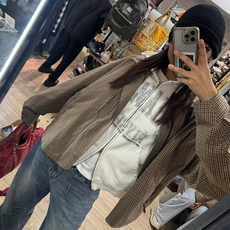 Women's Boxy Short Jacket in Glencheck with Elastic Hem and Zipper Amarae