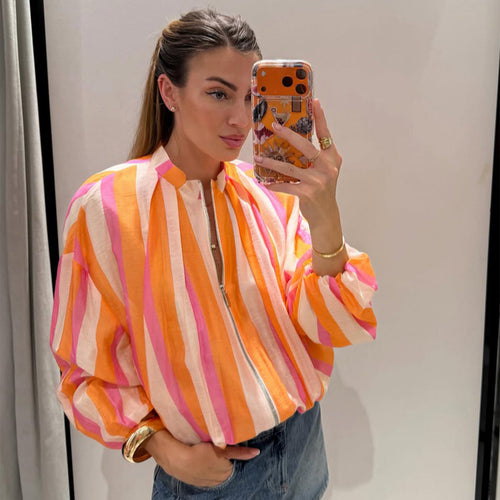 Women's Striped Lightweight Bomber Jacket with Balloon Sleeves and Stand Collar Amarae