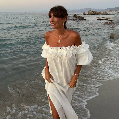 Summer maxi dress for women with ruffle details and a high slit Amarae