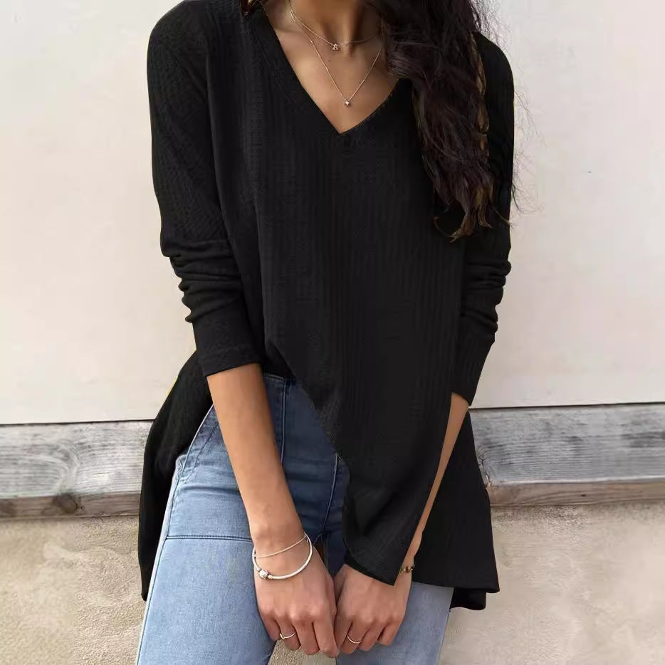 T-shirt à manches longues pour femmes avec décolleté en V et ourlet asymétrique Chic & Stil