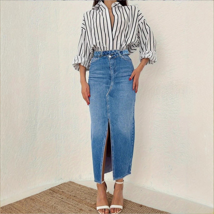 Women Retro-inspired High-Waist Denim Midi Skirt with Central Front Slit and Fitted Silhouette Amarae