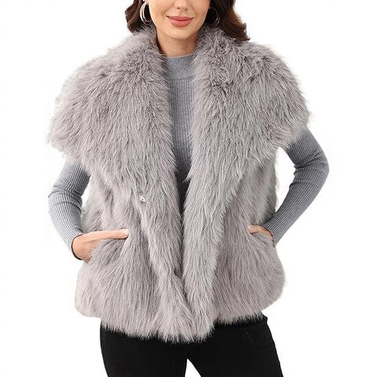 Ladies sleeveless long-pile faux fur vest with voluminous shawl collar Amarae