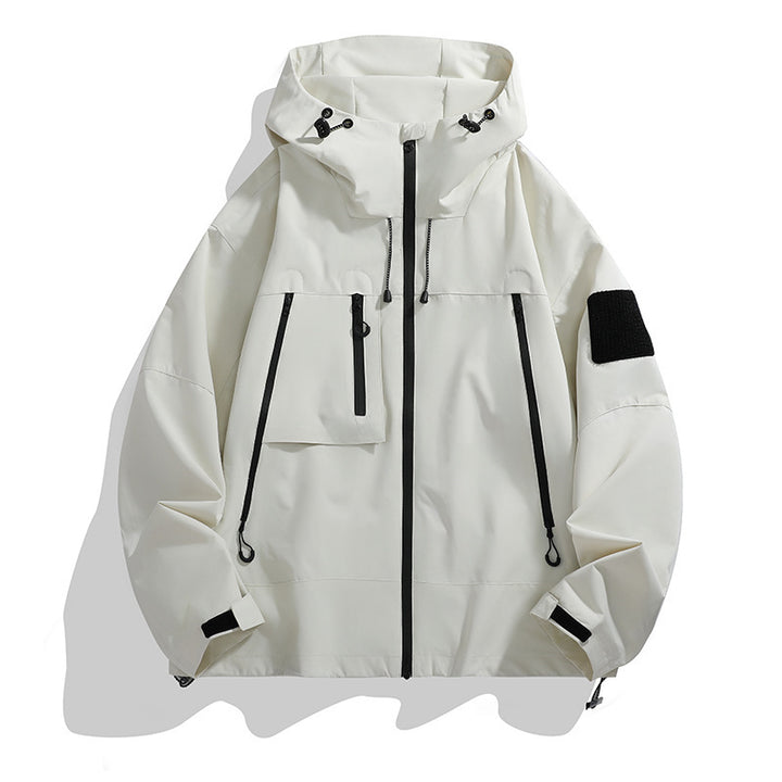 Technical outer jacket for men with adjustable hood design and multifunctional pockets Lune London