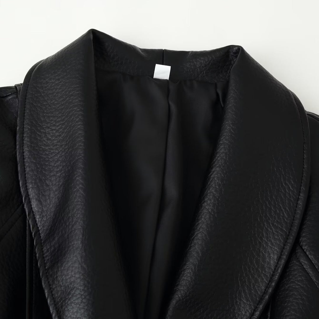 Women's short blazer made of vegan leather with shawl collar and waist tie belt Amarae