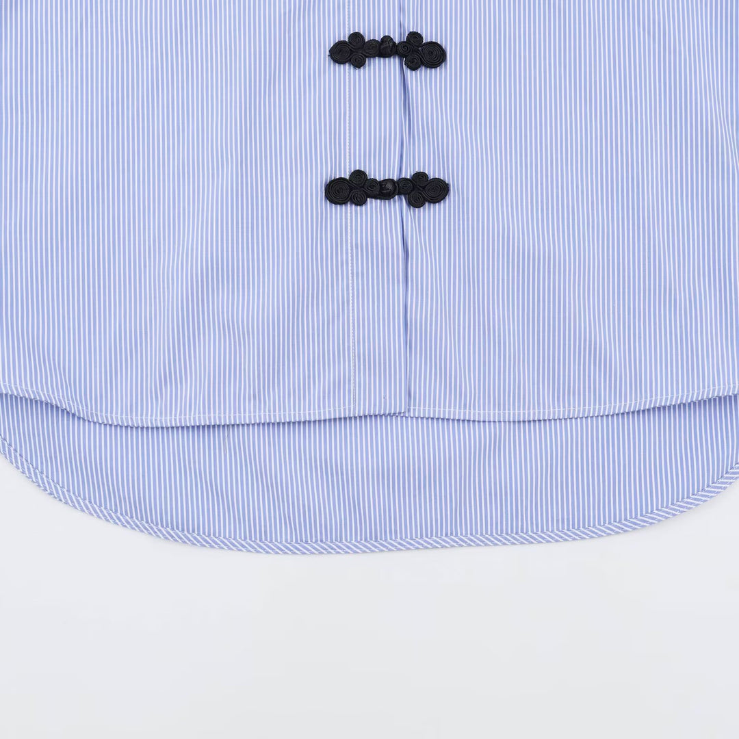 Women's Striped Oversize Blouse with Contrast Collar, Cuffs and Decorative Knot Closures Amarae