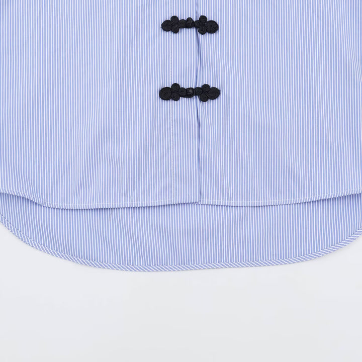 Women's Striped Oversize Blouse with Contrast Collar, Cuffs and Decorative Knot Closures Amarae