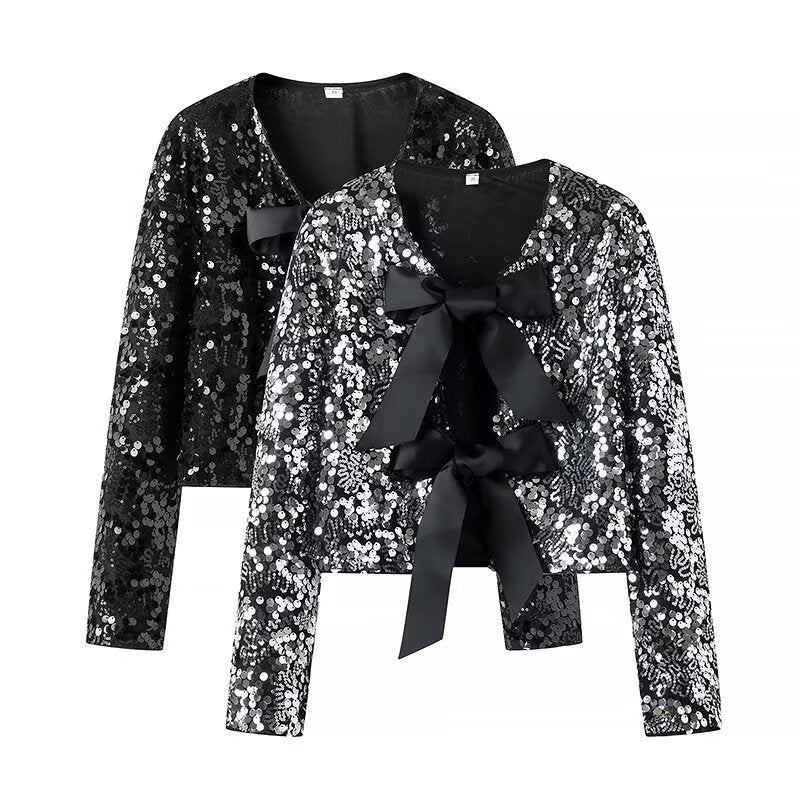 Veste en sequins brillants pour femmes avec accents de nœud élégants Chic & Stil