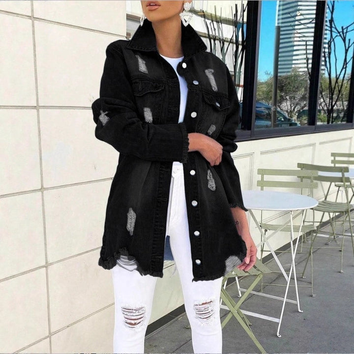 Ladies Longline Denim Jacket with Destroyed Details and Fringed Hem Amarae