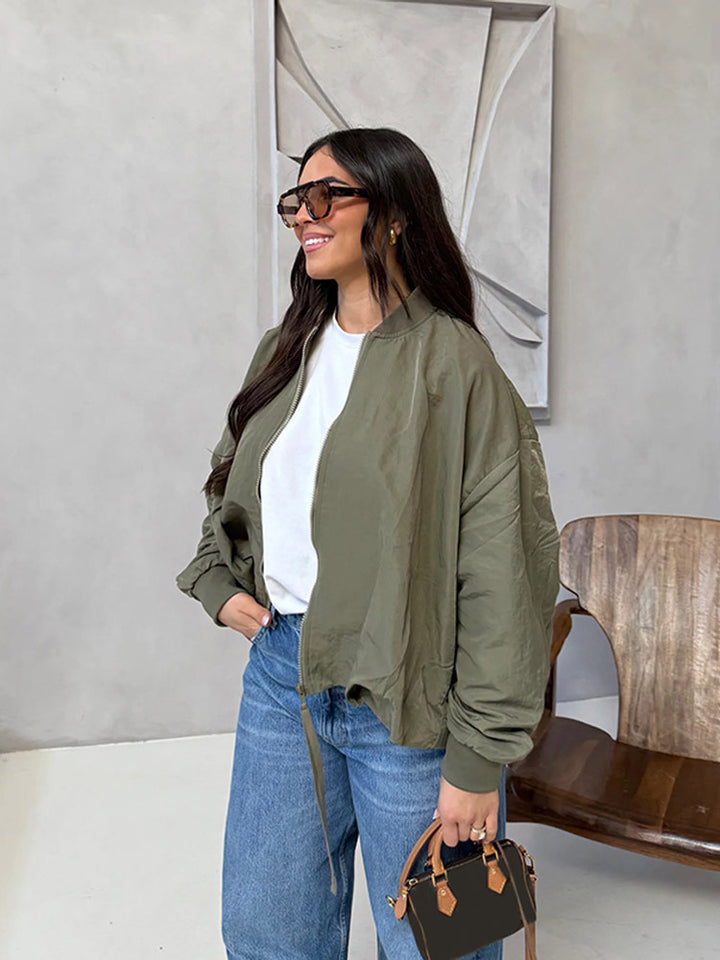 Women Oversize Bomber Jacket with drawstring, ribbed cuffs and lightweight nylon finish Amarae