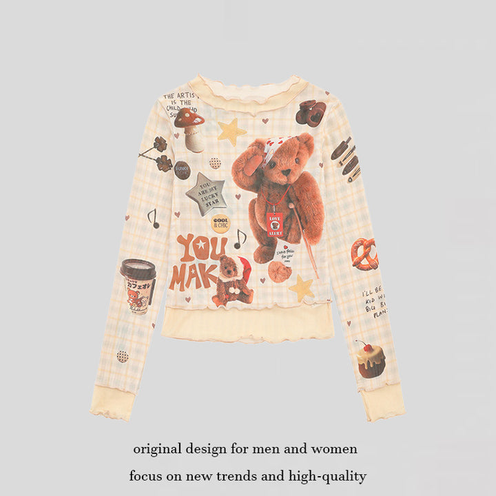 Women's Long Sleeve Mesh Top with Teddy Print and Layered Look Amarae