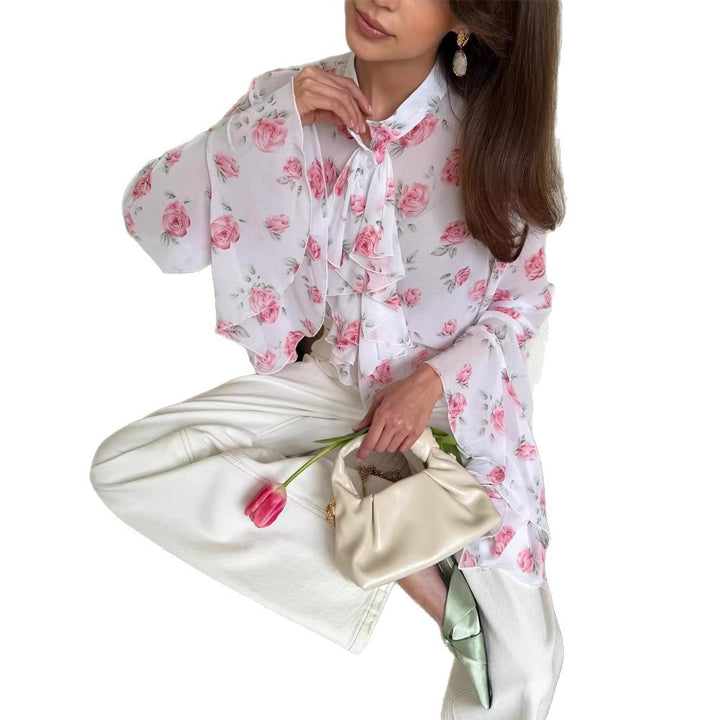 Women's chiffon blouse with rose print, ruffles and bell sleeves Amarae