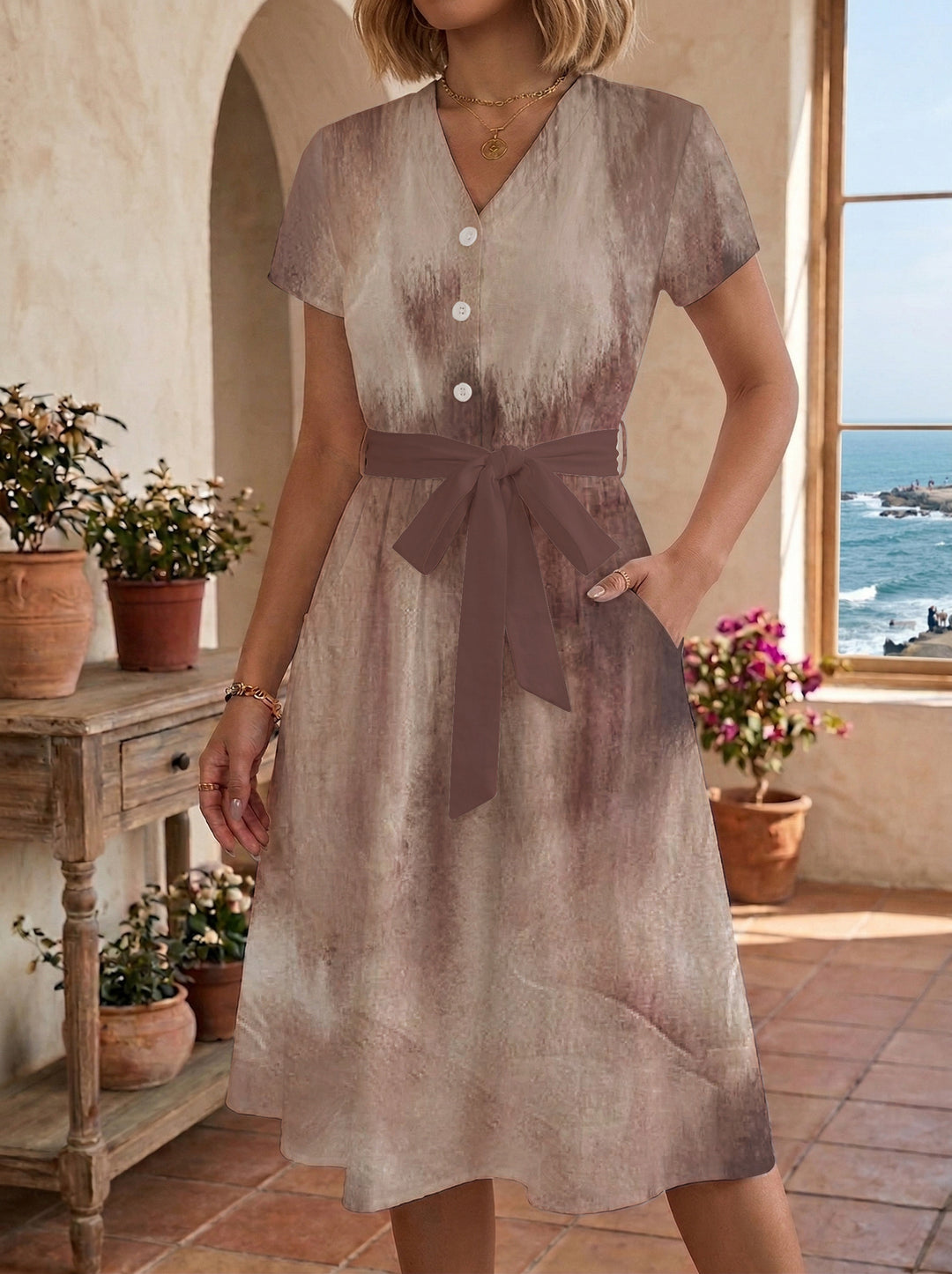 Women's Blooming Midi Dress with Adjustable Belt and Artistic Print Lune London