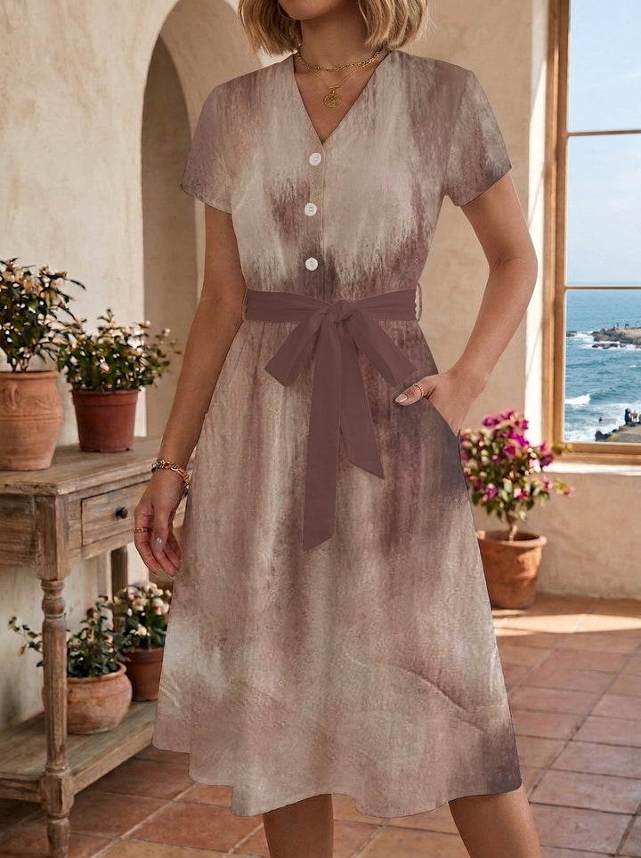 Women's Blooming Midi Dress with Adjustable Belt and Artistic Print Lune London