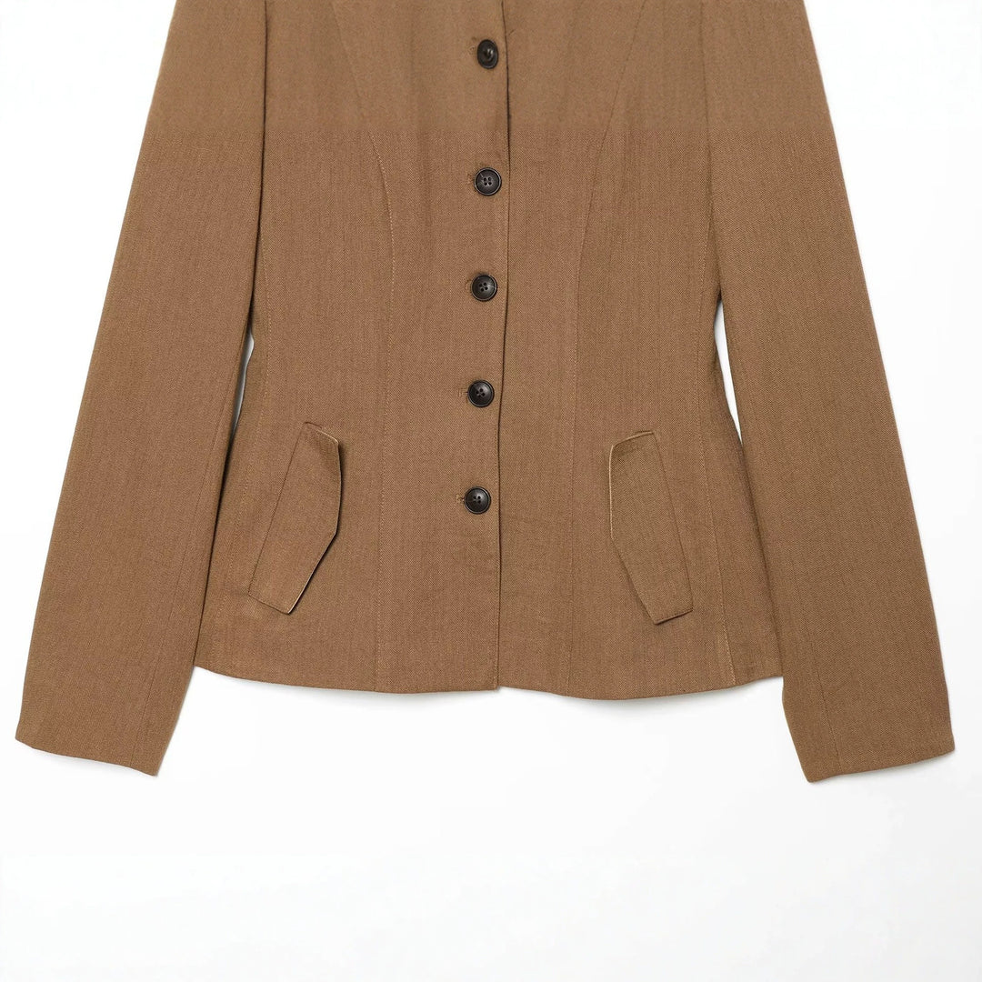 Women's Tailored Short Blazer Jacket with Contrast Collar and Flap Pockets Amarae
