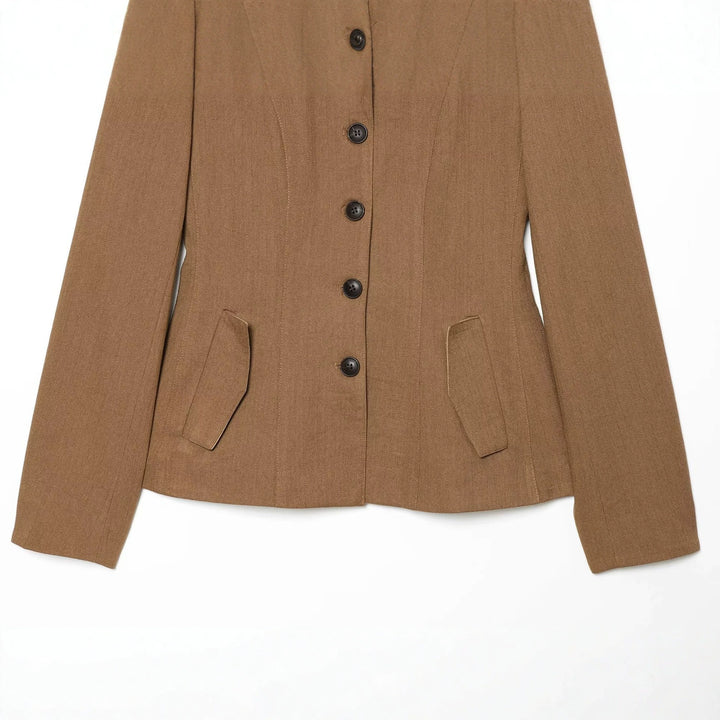 Women's Tailored Short Blazer Jacket with Contrast Collar and Flap Pockets Amarae