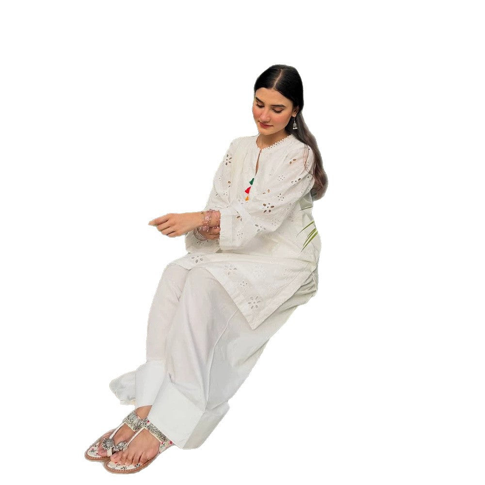 Women Loose Tunic Set with Broderie Anglaise and Wide Harem Pants Amarae