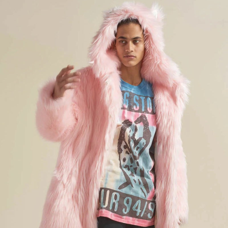 Women's Longer Hooded Faux Fur Coat with Animal Ears and Fluffy High Pile Amarae