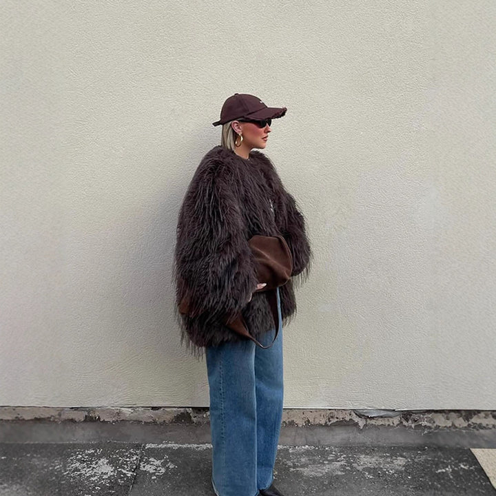 Women's Oversized Faux Fur Coat with Long Pile Shag Look and Boxy Silhouette Amarae