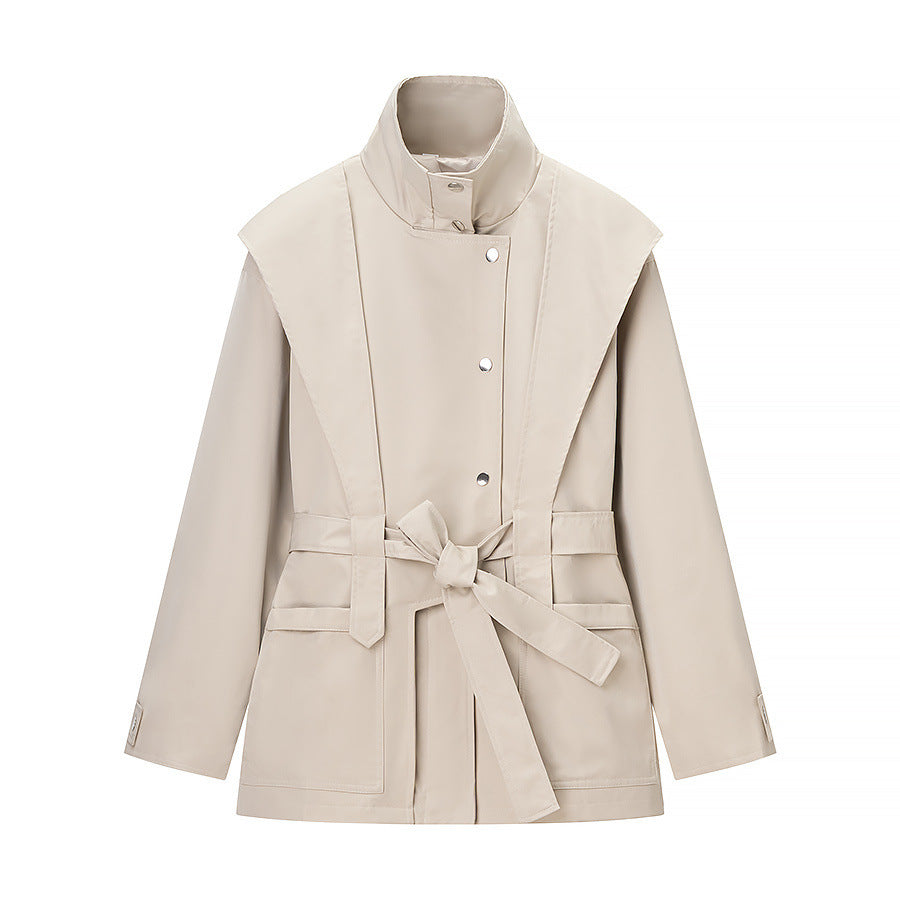 Ladies short trench coat with cape detail, stand-up collar and tie belt Amarae