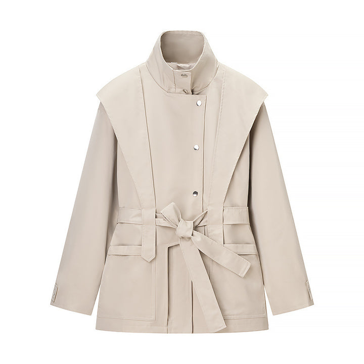 Ladies short trench coat with cape detail, stand-up collar and tie belt Amarae
