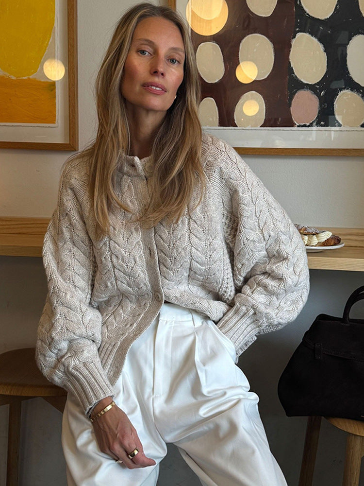 Women Chunky Knit Cable Pattern Cardigan with Balloon Sleeves Amarae