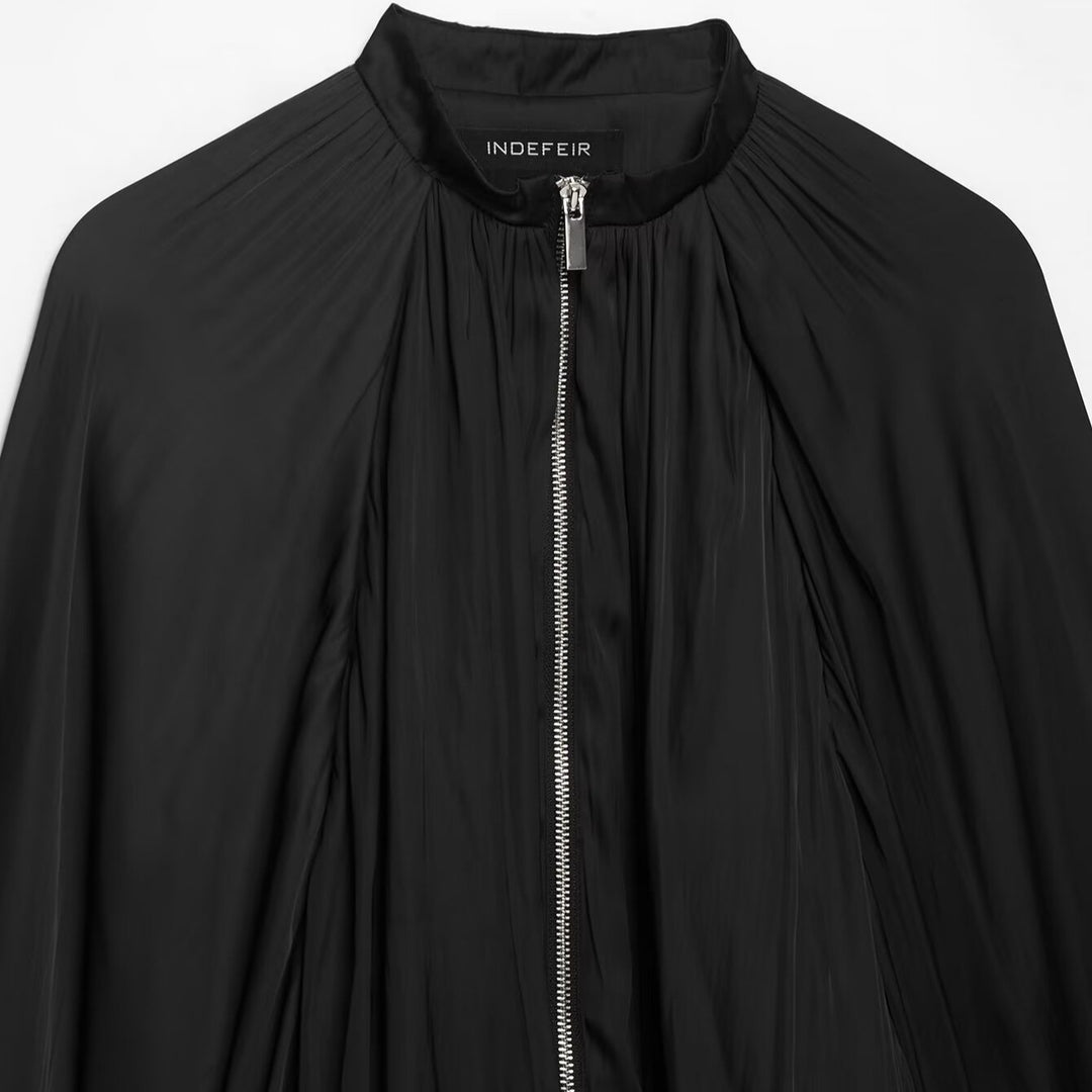 Women Pleated Cropped Cape Jacket with Zipper and Ballooned Hem Amarae